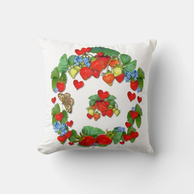 Strawberries and Forget Me Nots~ Pillow / Cushion (Front)