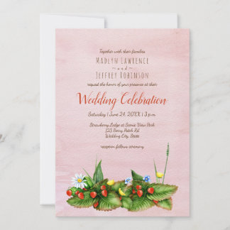 Strawberries and meadow flowers blush wedding invitation