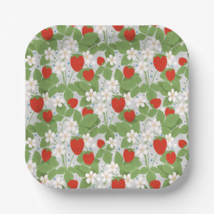 Strawberries and pink and white flowers paper plates