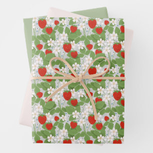 Strawberries and pink and white flowers wrapping paper sheets