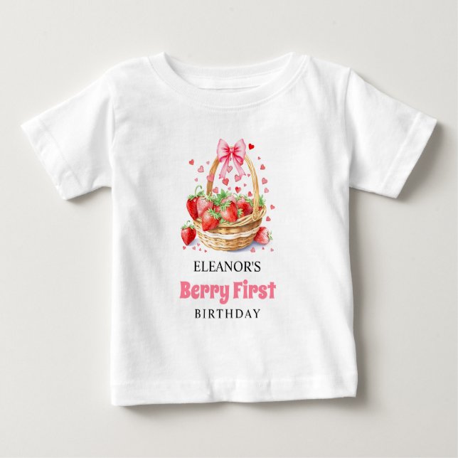 Strawberries and pink bow Berry First Birthday Baby T-Shirt (Front)