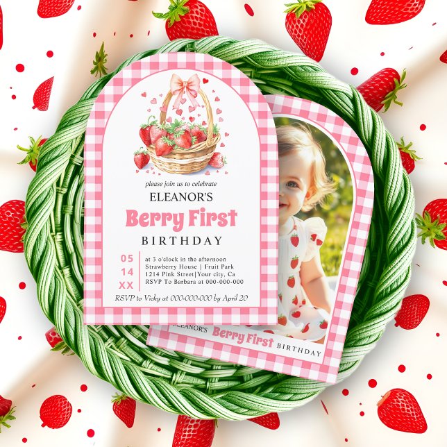 Strawberries and pink bow Berry First Birthday Invitation (Creator Uploaded)