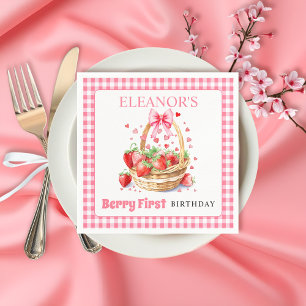 Strawberries and pink bow Berry First Birthday Napkins