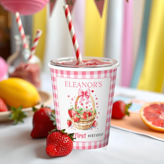 Strawberries and pink bow Berry First Birthday Paper Cups (Creator Uploaded)