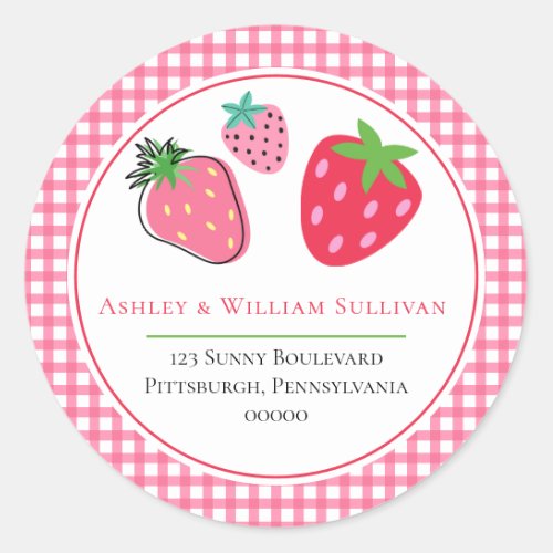 Strawberries and Pink Checks Return Address Classic Round Sticker