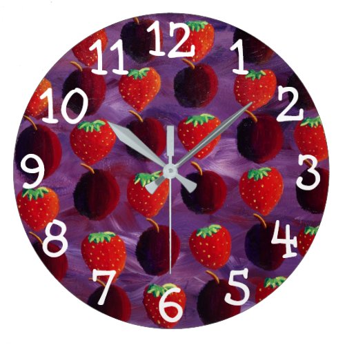 Strawberries and Plums Red Fruit Painting Large Clock