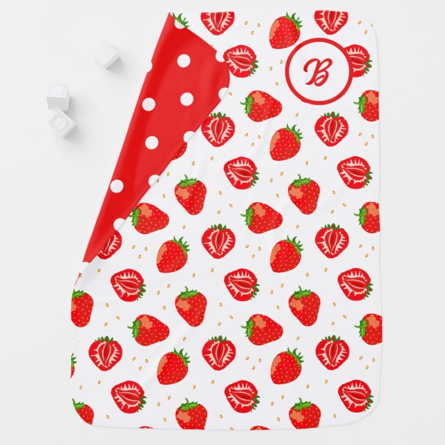 Strawberries and Polka Dots Red White Monogram Baby Blanket (In Situ)