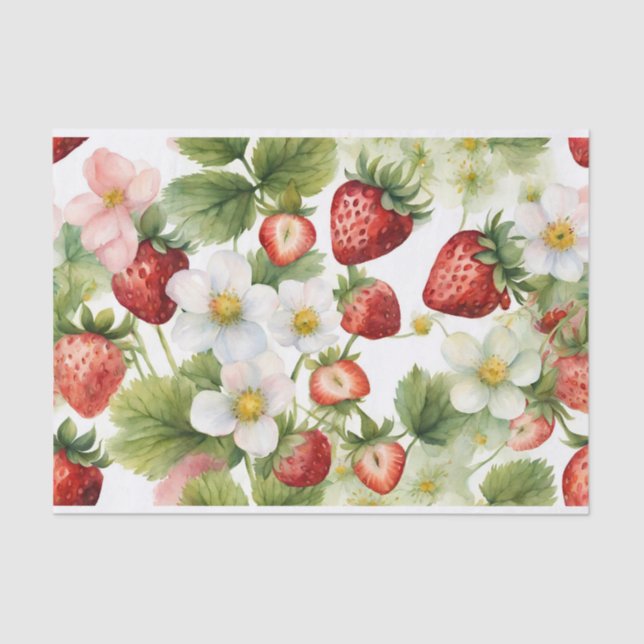 Strawberries and Strawberry Flowers  Tissue Paper (Front)