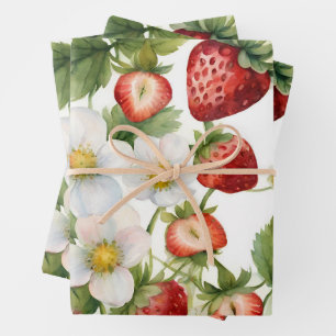 Strawberries and Strawberry Flowers Wrapping Paper Sheets