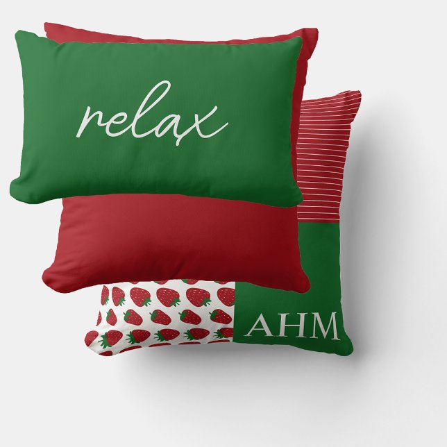 Strawberries and Stripes Quilt Style Monogram Throw Pillow (Creator Uploaded)