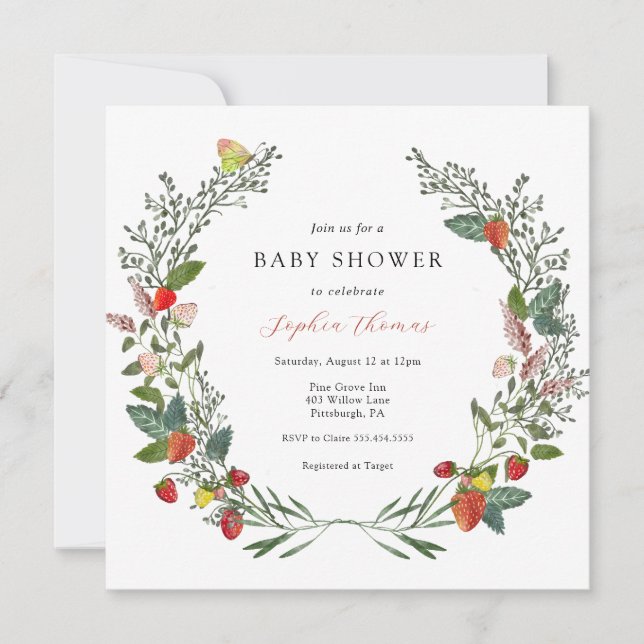 Strawberries and Wildflowers Baby Shower Invitation (Front)
