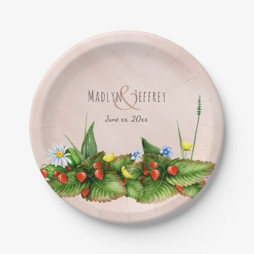 Strawberries and wildflowers meadow wedding paper plates