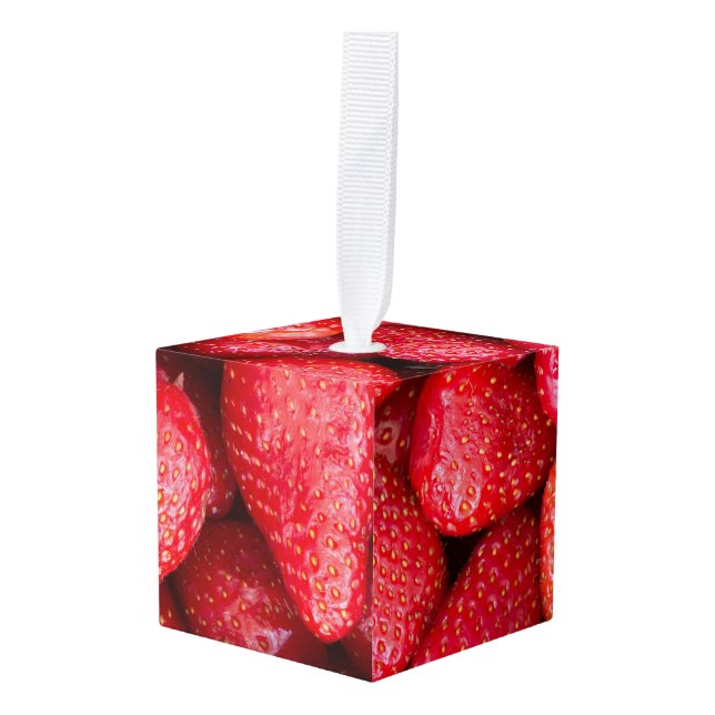 Strawberries background cube ornament (Front Angled)