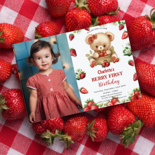 Strawberries Bear Berry First 1st Birthday Photo Invitation