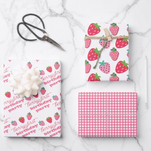 Strawberries Berry First Birthday Party Pink  Red Wrapping Paper Sheets