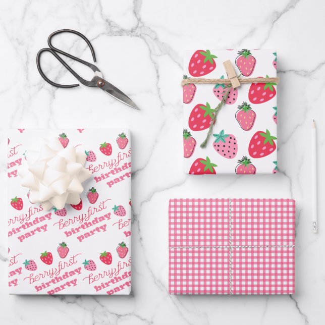 Strawberries Berry First Birthday Party Pink | Red Wrapping Paper Sheets (Front)