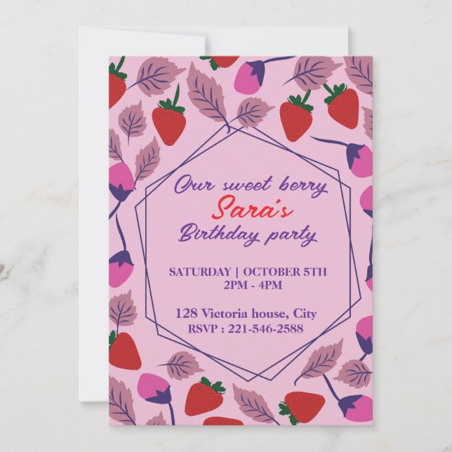 Strawberries birthday party invitation (Front)