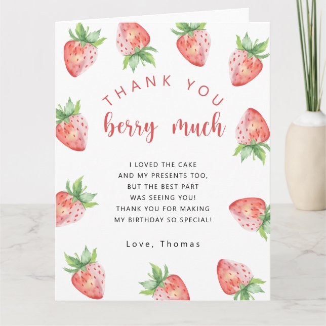 Strawberries birthday party thank you berry much card (Front)