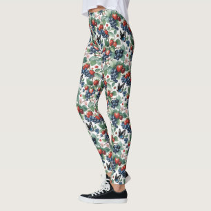 Strawberries Blueberries and Butterflies Floral Leggings