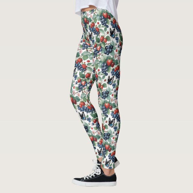 Strawberries Blueberries and Butterflies Floral Leggings (Left)