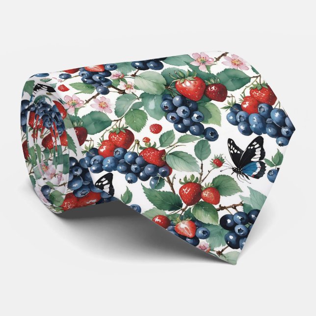 Strawberries Blueberries and Butterflies Floral Neck Tie (Rolled)