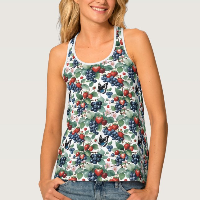 Strawberries Blueberries and Butterflies Floral Tank Top (Front)