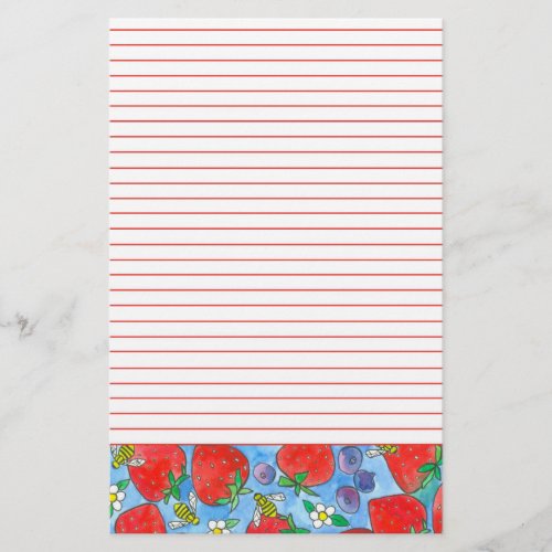 Strawberries Blueberries Bees Red Lined Stationery