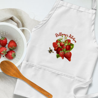 Strawberries Bumblebee White Bib Pockets Adult Apron