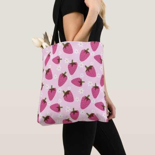 Strawberries Daisies Floral Pattern Girly Pink Tote Bag