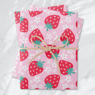 Strawberries Daisies Pattern Pink Red Wrapping Paper Sheets