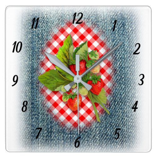 Strawberries, Denim and Red Gingham Country Rustic Square Wall Clock