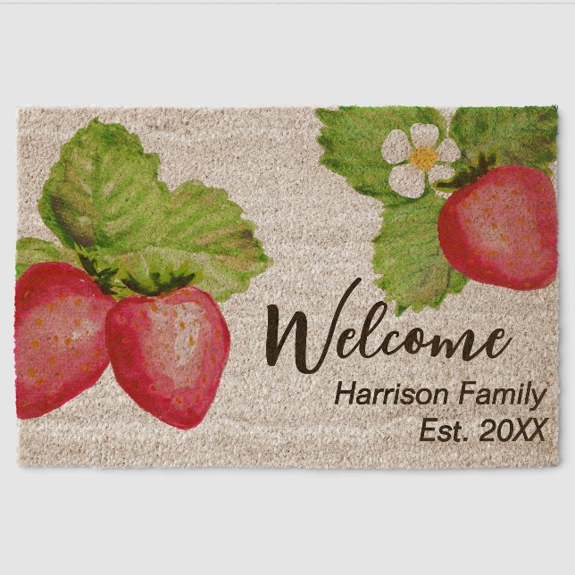 Strawberries Family Name Established Welcome Coir Fiber Doormat (Front)