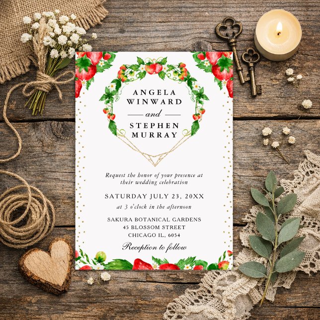 Strawberries Floral Heart Wreath Wedding Invitation (Creator Uploaded)