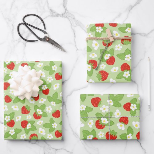 Strawberries Floral Red Green Pattern Wrapping Paper Sheets