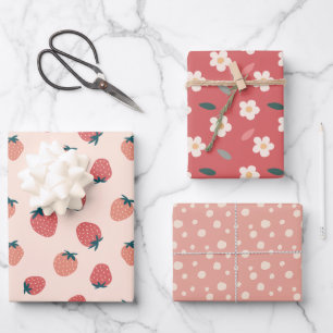 Strawberries, Florals and Abstract Pattern Theme Wrapping Paper Sheets