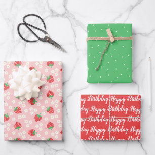 Strawberries & Flowers Cute Patterns Wrapping Paper Sheets