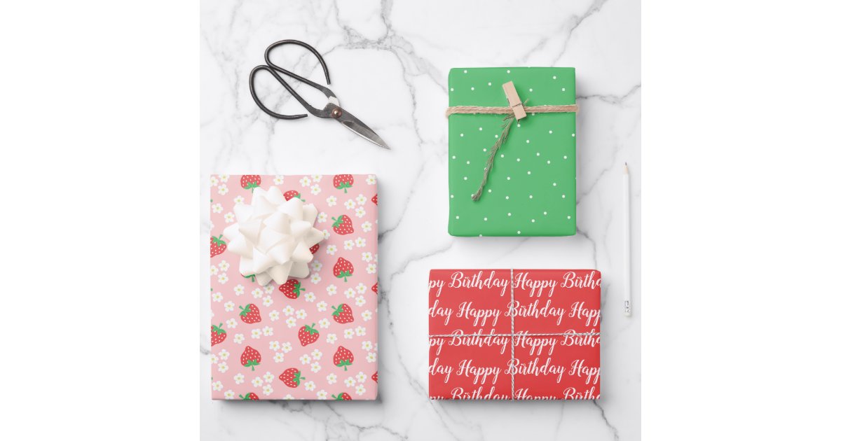 Cute Strawberry and Flowers Pattern Print Wrapping Paper by