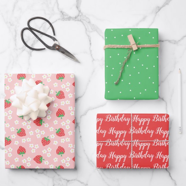Strawberries & Flowers Cute Patterns Wrapping Paper Sheets (Front)