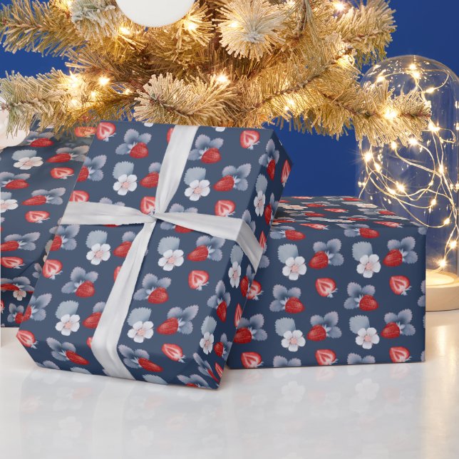 Strawberries, Flowers, Leaves On Dark Blue Wrapping Paper (Holidays)