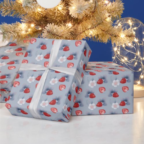 Strawberries Flowers Leaves On Light Blue Wrapping Paper
