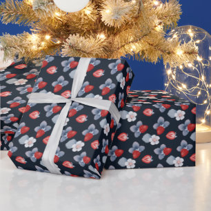 Strawberries, Flowers, Leaves On Navy Blue Wrapping Paper