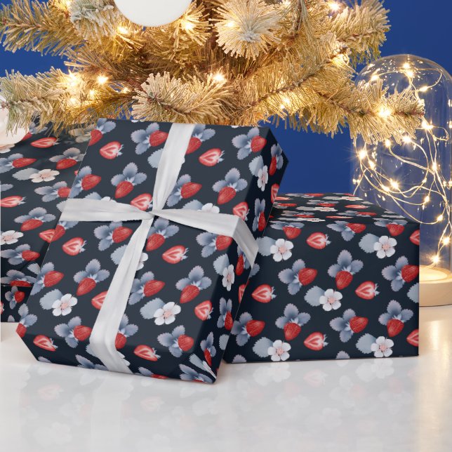 Strawberries, Flowers, Leaves On Navy Blue Wrapping Paper (Holidays)