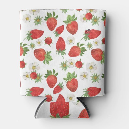 Strawberries Flowers Watercolor Seamless Art Can Cooler