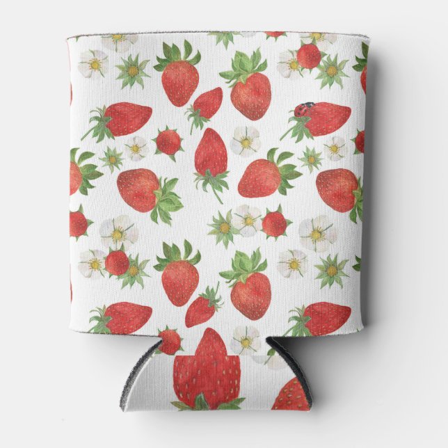 Strawberries Flowers: Watercolor Seamless Art Can Cooler (Front)