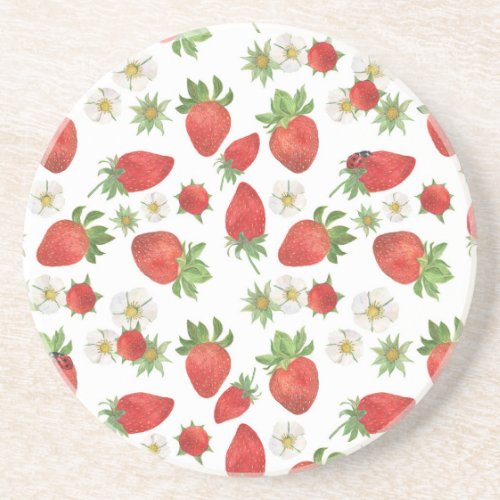 Strawberries Flowers Watercolor Seamless Art Coaster