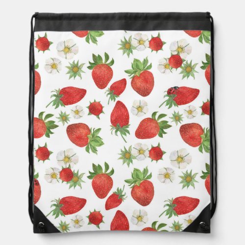 Strawberries Flowers Watercolor Seamless Art Drawstring Bag