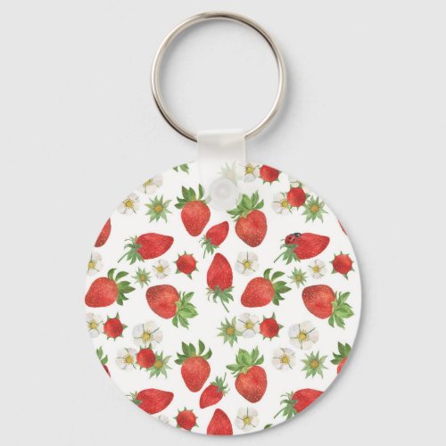 Strawberries Flowers Watercolor Seamless Art Keychain