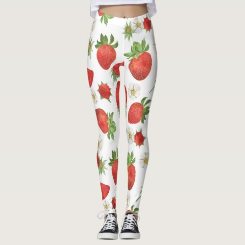 Strawberries Flowers Watercolor Seamless Art Leggings