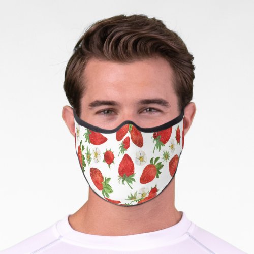 Strawberries Flowers Watercolor Seamless Art Premium Face Mask