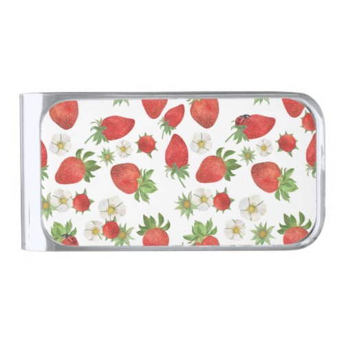 Strawberries Flowers Watercolor Seamless Art Silver Finish Money Clip
